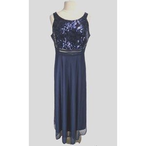 Nina Ferre Women Size 40 Tall US 12 Navy Blue Sequin Maxi Dress Crew Neck 292P
